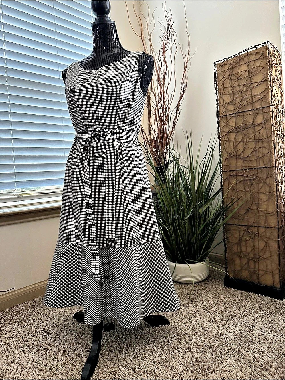 Gingham Midi Dress in Black & White Like New
